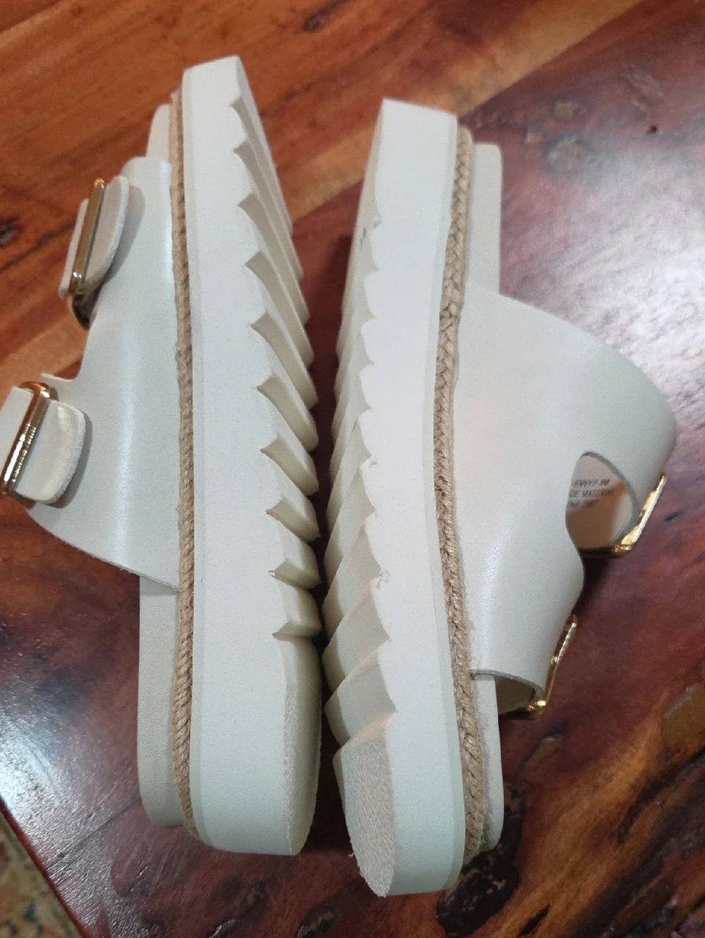 Madden Girl Cream Slide Sandals with Gold Buckles - Picture 2 of 3